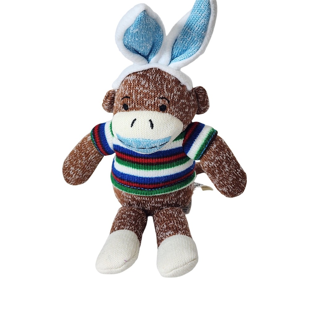 Sock Monkey Plush Easter Bunny Ears Striped Sweater Brown Knit Stuffed Animal